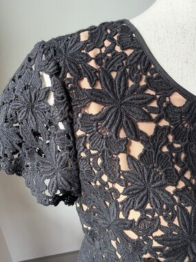 Talbots Black Floral Crochet Short Sleeve Blouse